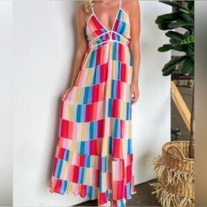 Fate Rainbow Multicolored Maxi Dress 
S Deep Vneck Cocktail New Imperfections